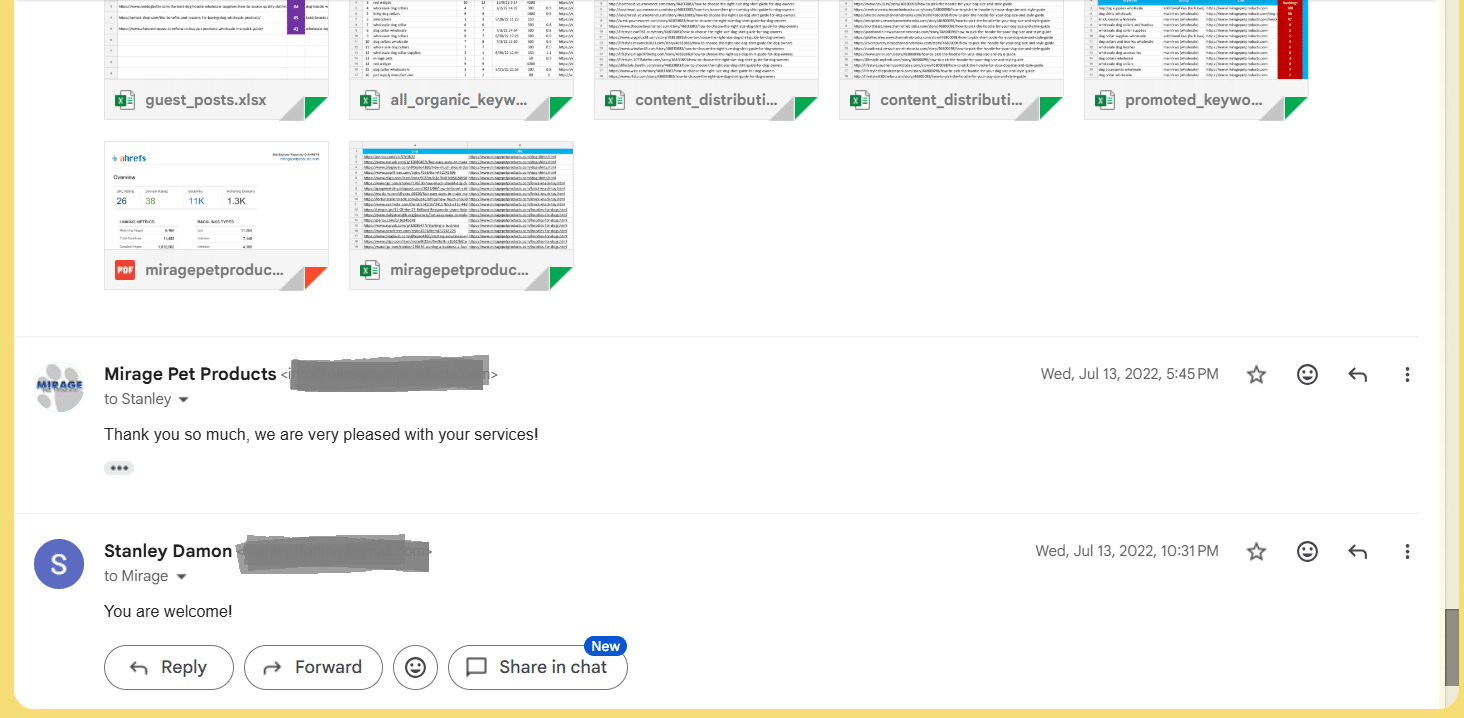 Blurred email screenshot showing Mirage Pet Products client feedback: Thank you so much, we are very pleased with your services.