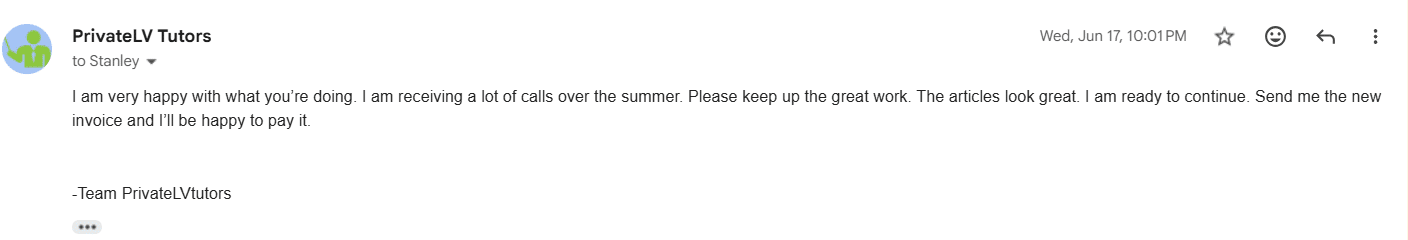 Private Las Vegas Tutors client feedback confirming a high volume of calls